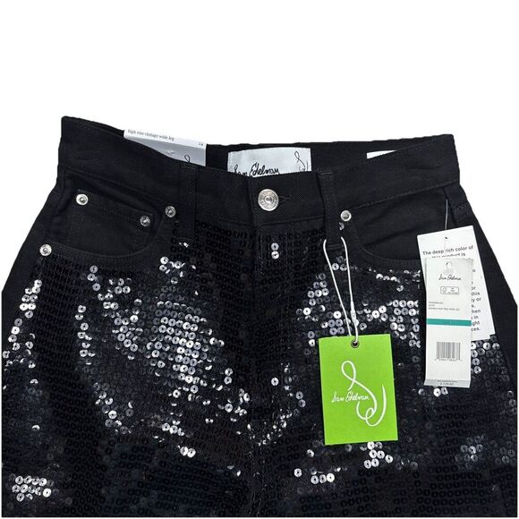 Sam Edelman Bianka Black Sequin Jeans Womens 24 High Rise Vintage Wide Leg New - Picture 5 of 15